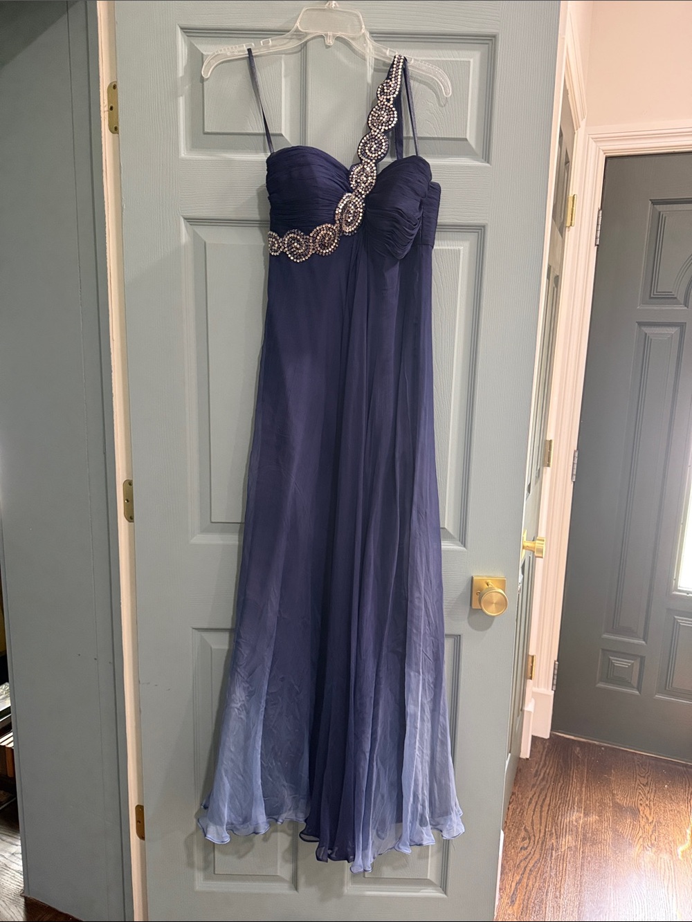 Jovani Navy One-Shoulder Embellished Chiffon Maxi Dress
